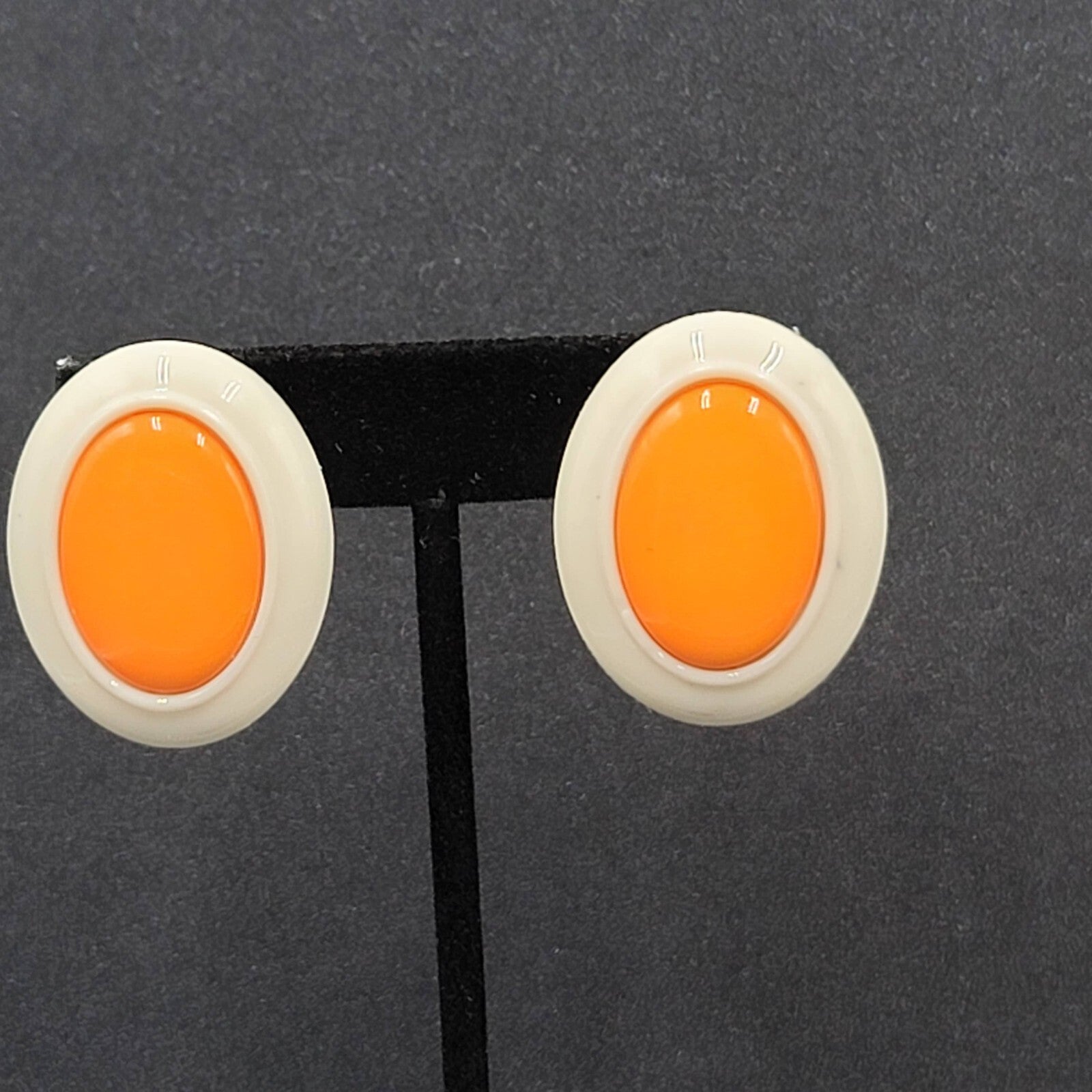 Vintage Clip on Earrings Plastic White Orange Oval Drop  1 3/8"