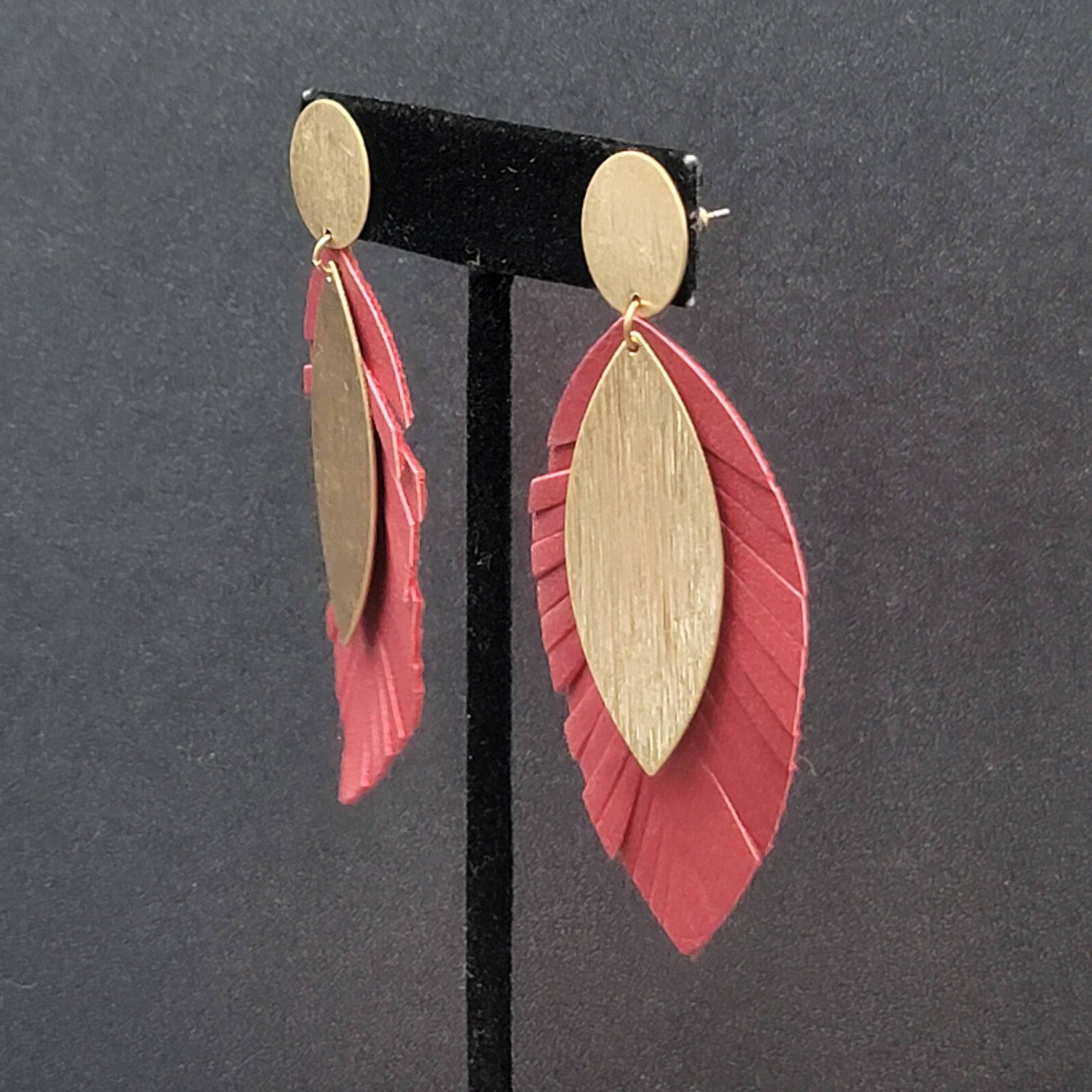 Pierced Earrings Gold tone Large Statement Red Fringe Dangle 2 7/8"