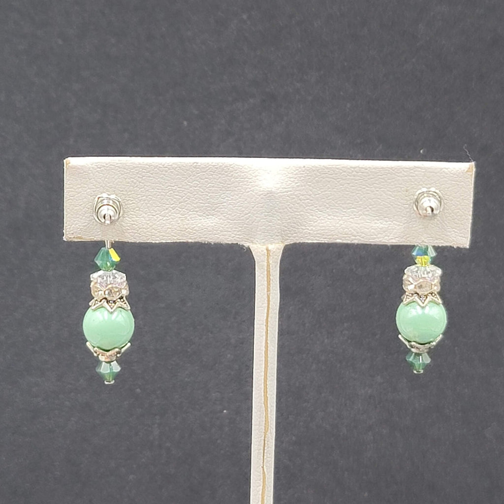 Pierced Earrings Silver tone Green Capped Beaded Dangle 1"
