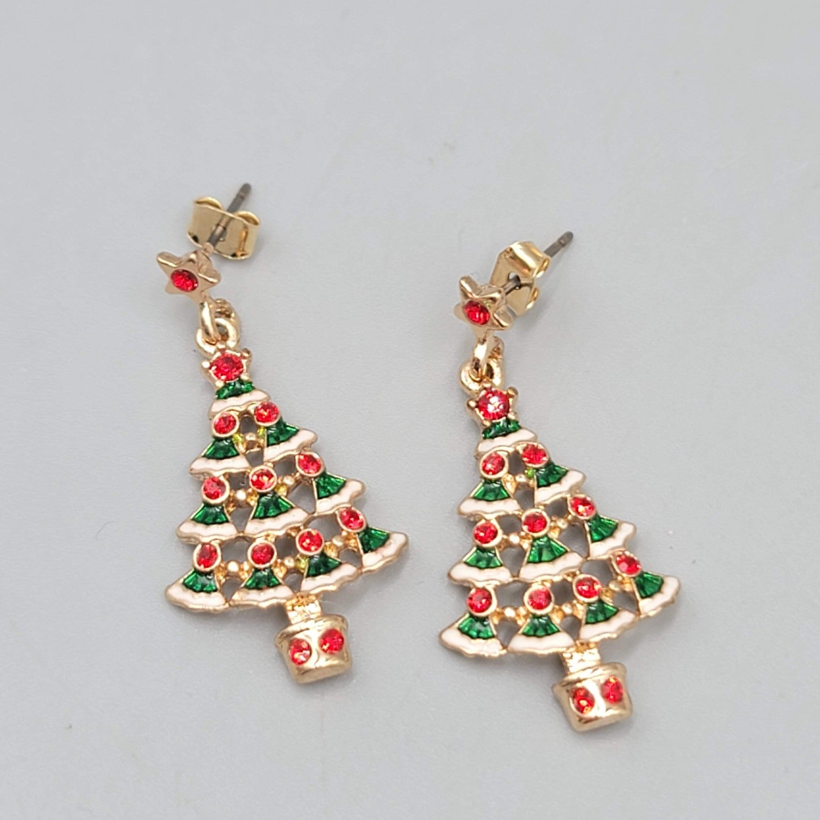 Christmas Tree Pierced Earrings Gold tone Dangle 1.25 in