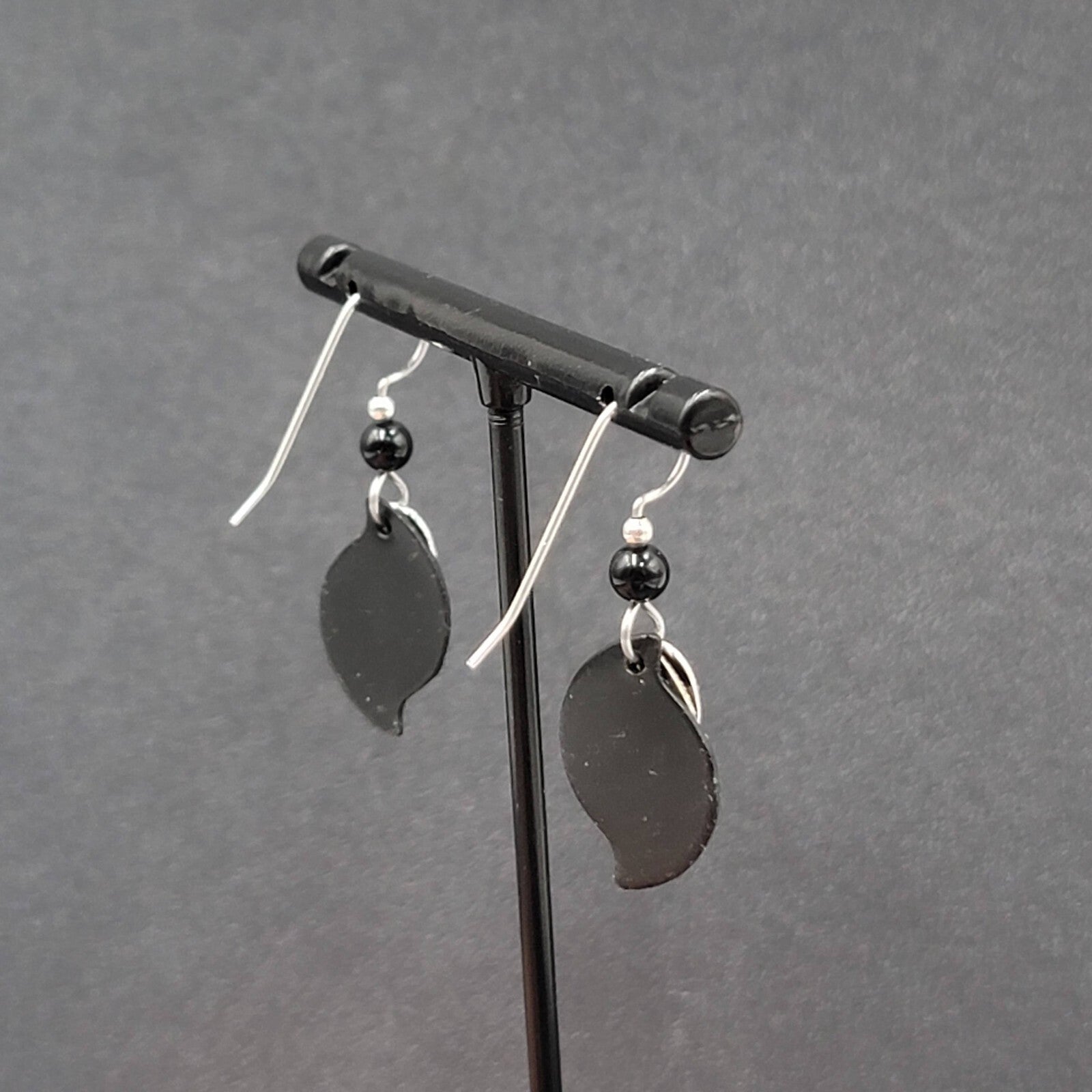 Pierced Earrings Silver tone Black Bead Layered Metal Dangle  3/4"