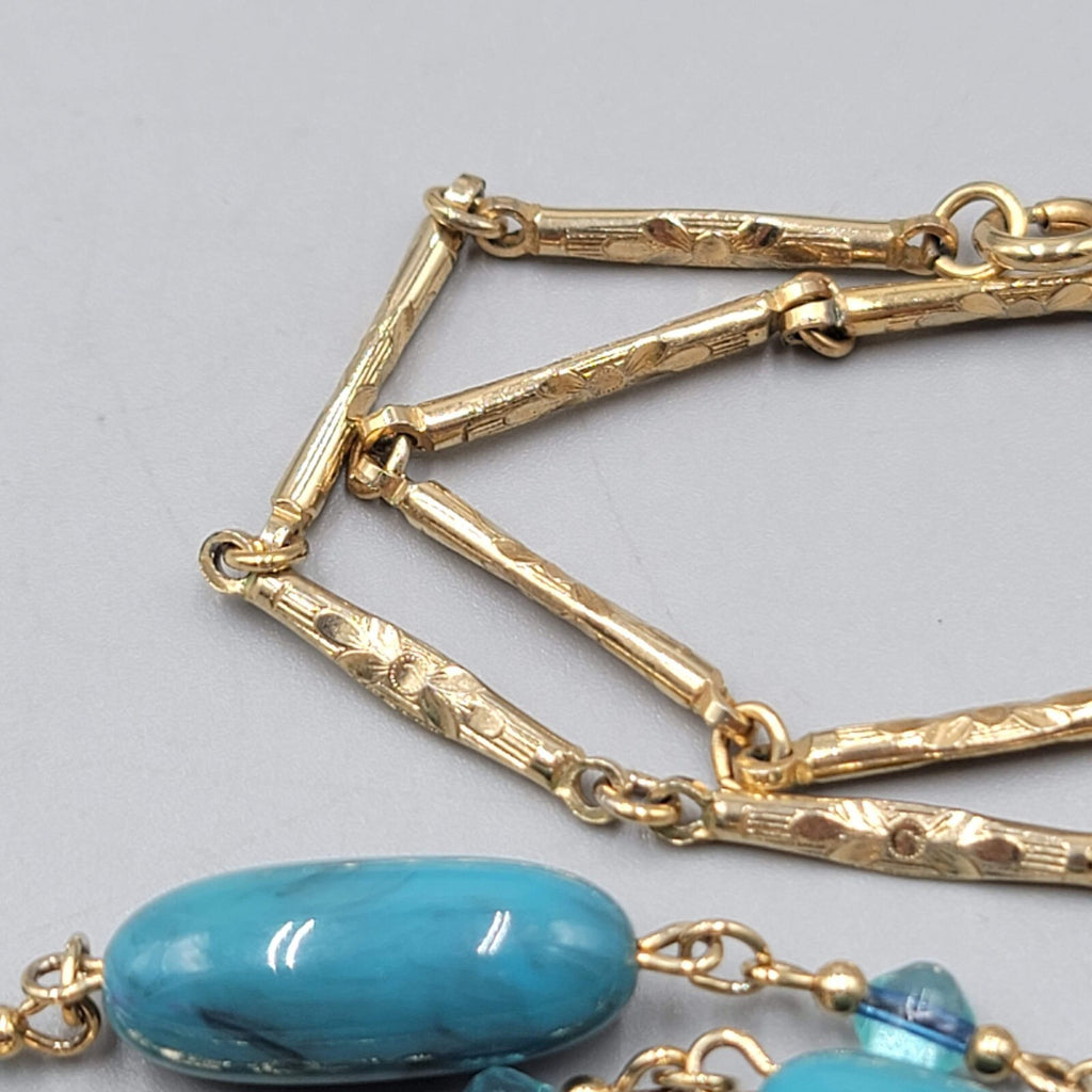 Vintage Sarah Cov Long Station Necklace Blue Bead Gold tone Bar Chain 36"