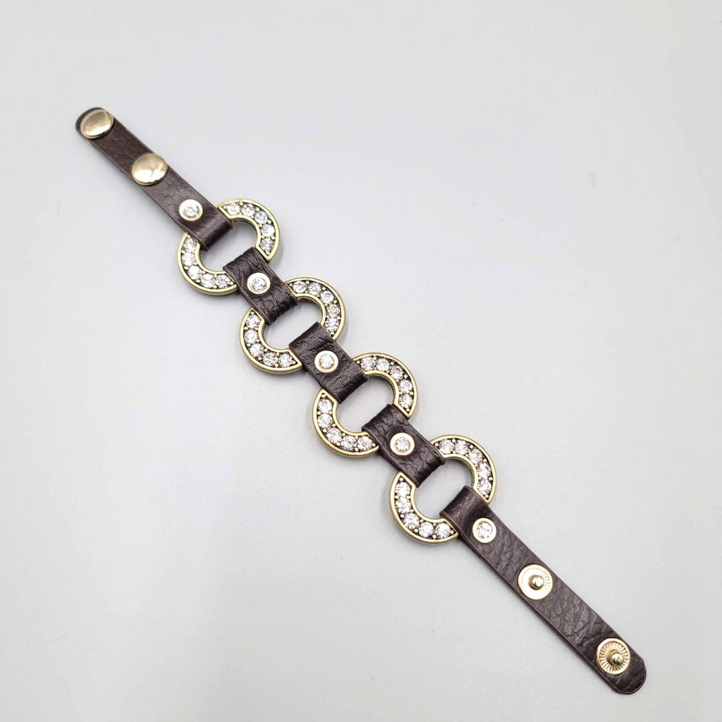Guang Tong Brown Leather Bracelet Snaps Rhinestones Bronze tone