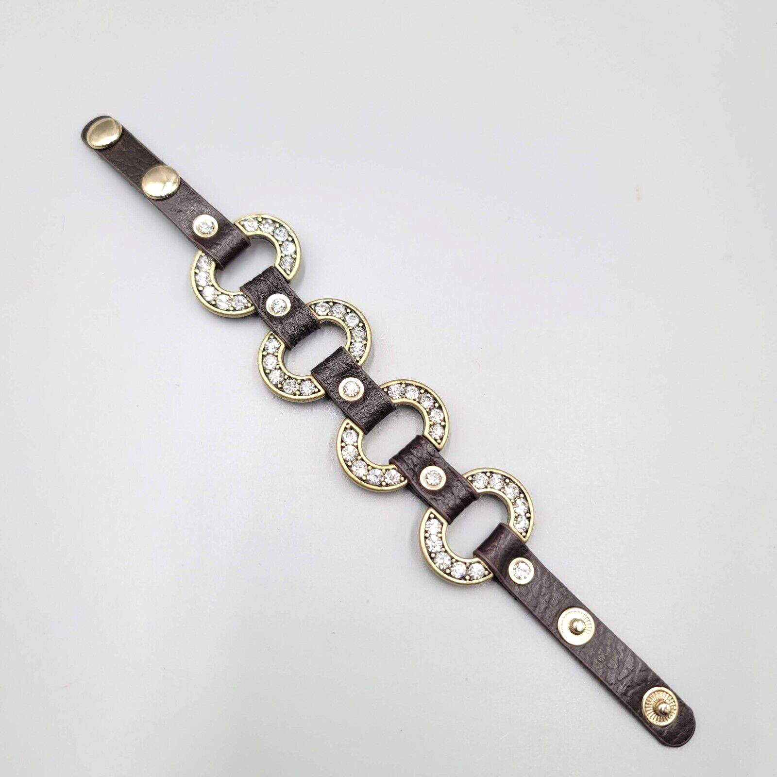 Guang Tong Brown Leather Bracelet Snaps Rhinestones Bronze tone