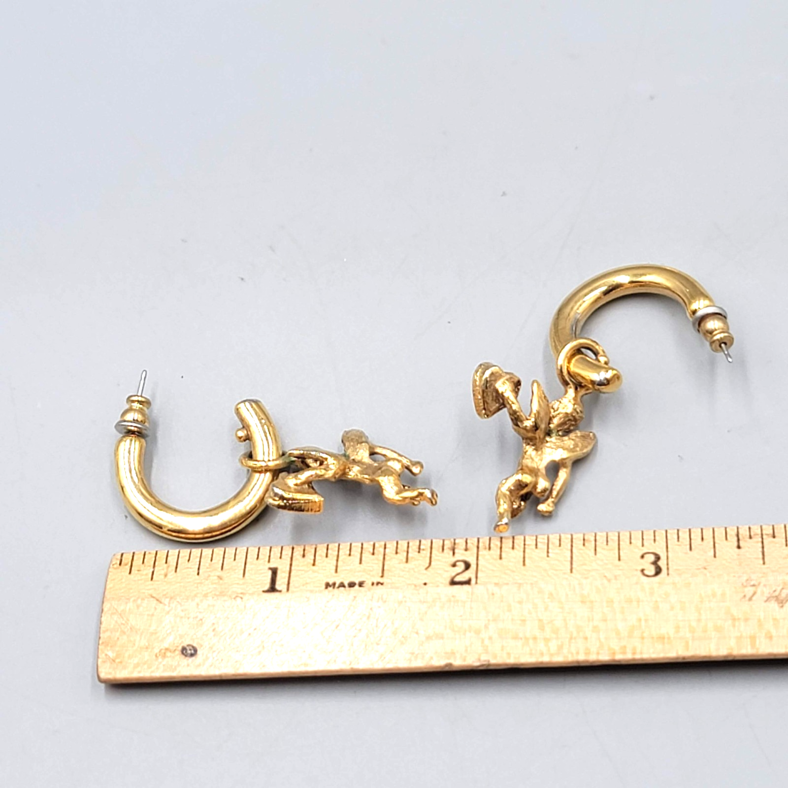Vintage Angel Heart Hoops Pierced Earrings Gold tone Dangle Rhinestone 2"