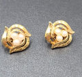 Vintage Clip on Earrings Textured Gold tone Faux Pearl Studs 3/4"
