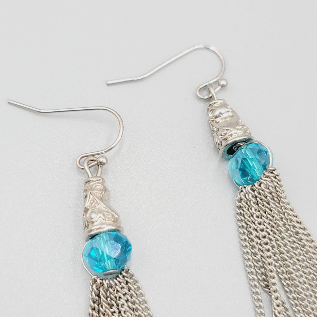 Dangle Chains Pierced Earrings Blue Crystal Beads Tassel 2.5"