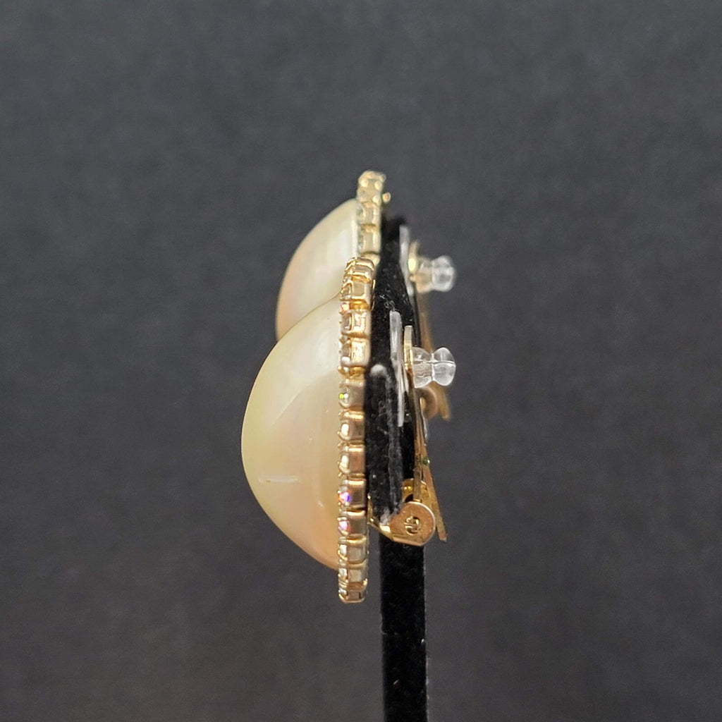 Vintage Clip on Earrings Statement AB Rhinestones Pearl White Cabochon 1 1/8"