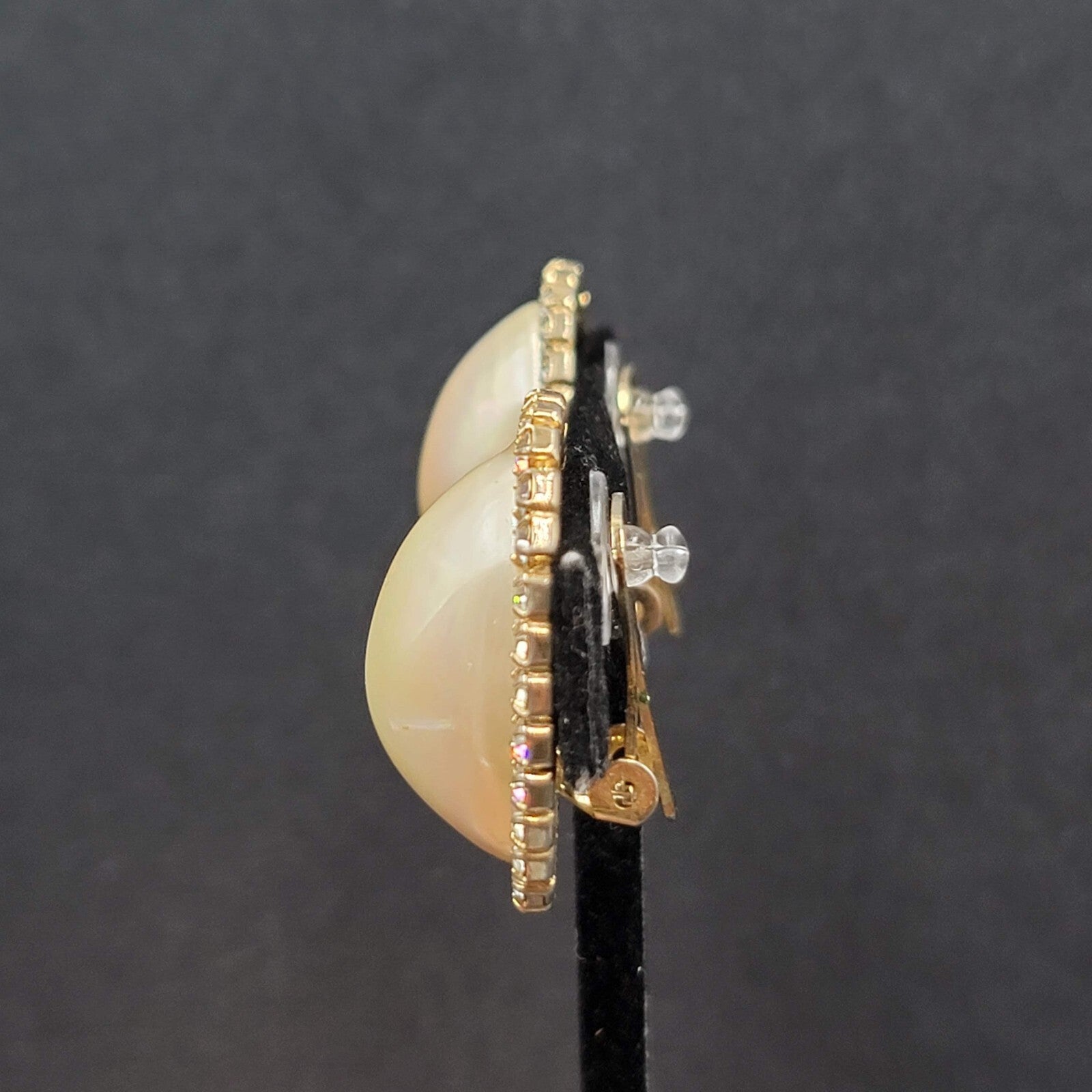 Vintage Clip on Earrings Statement AB Rhinestones Pearl White Cabochon 1 1/8"