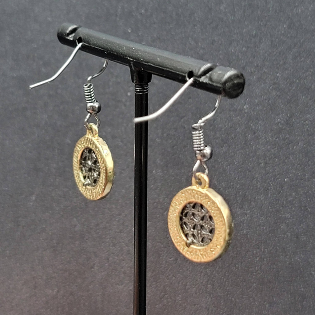 Pierced Earrings Black Metal Gold tone Crystal Round Open Work Dangle 5/8"