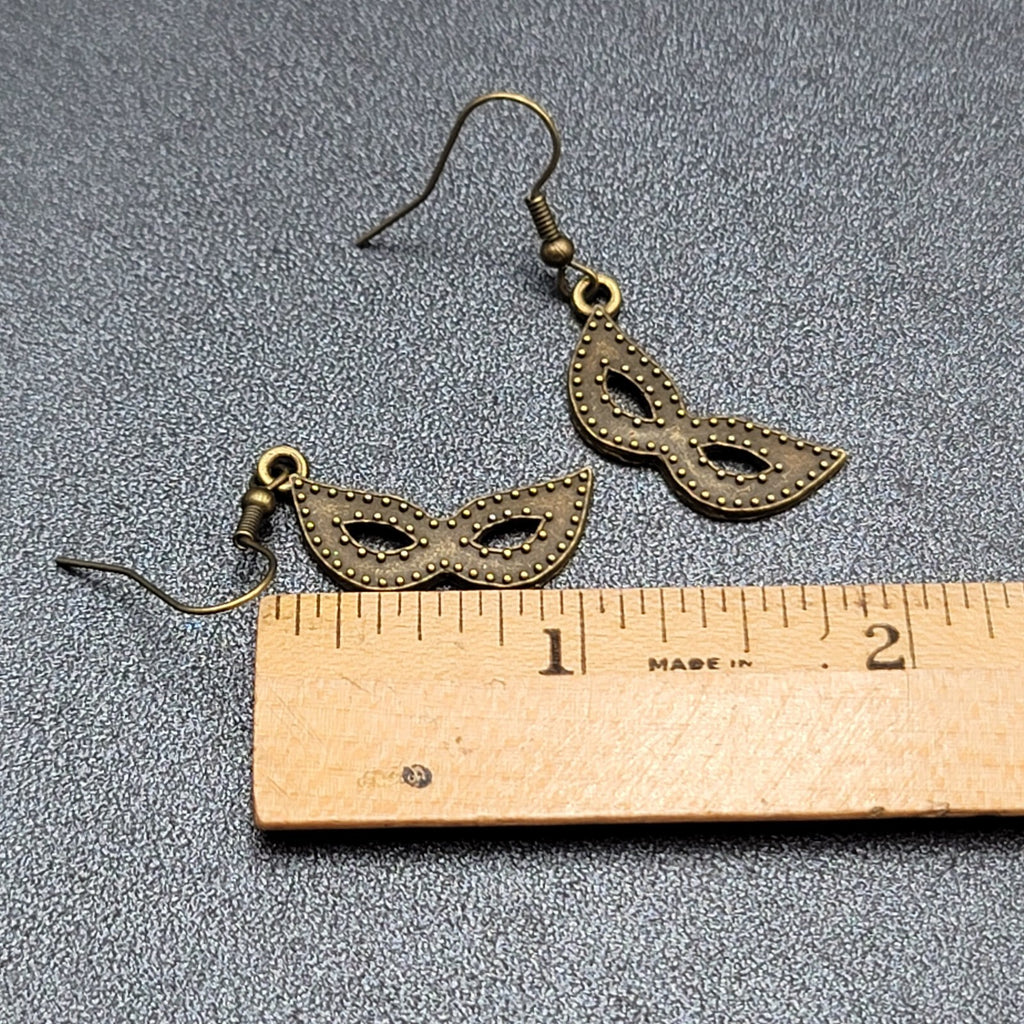 Masquerade Mask Pierced Earrings Bronze tone Metal Embossed Dots Dangle  1"