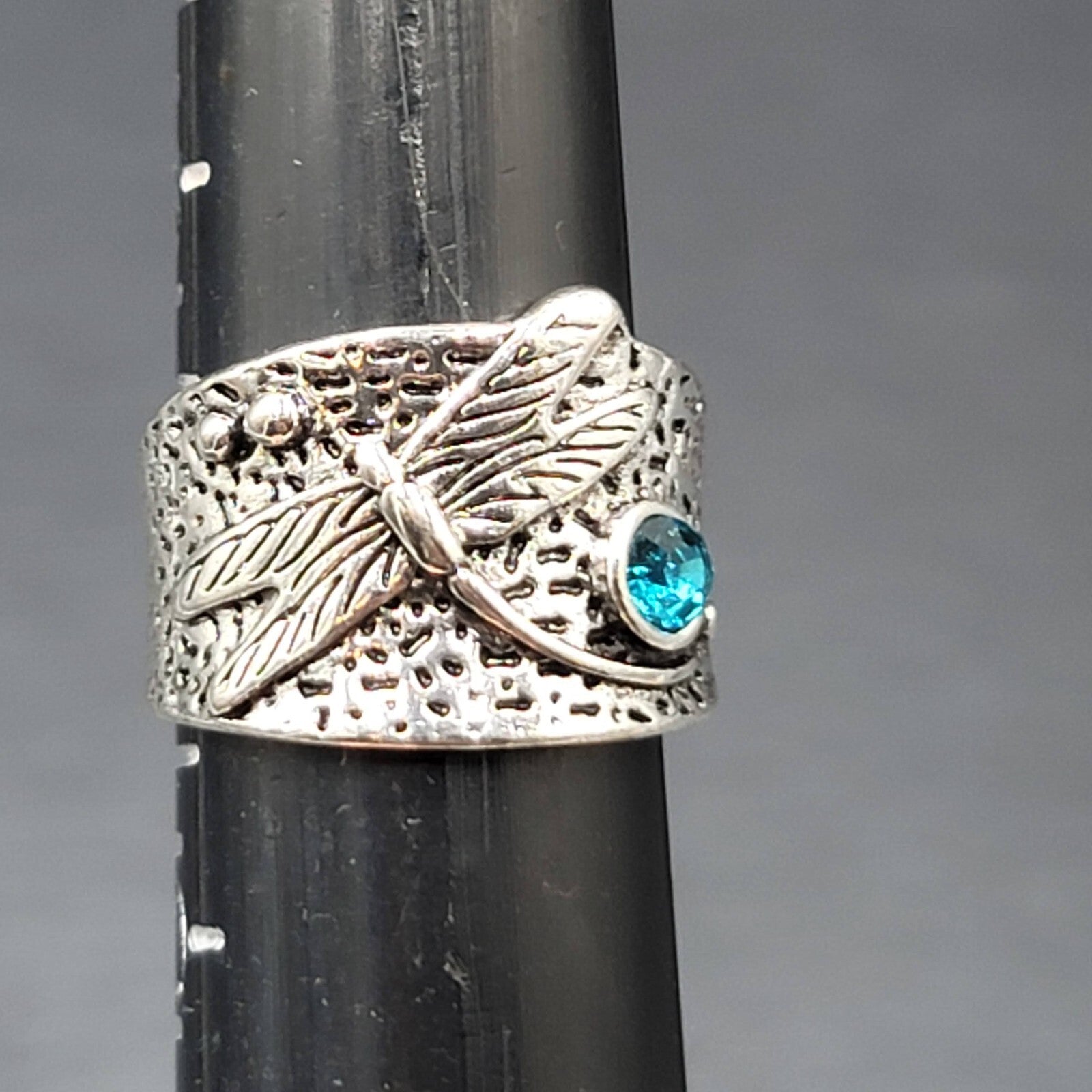 Dragonfly Ring Silver tone Wide Band Blue Crystal Accent Dec Birthstone Sz 9