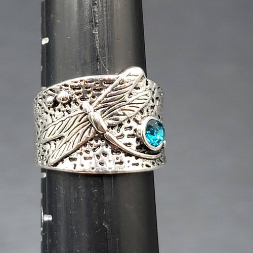 Dragonfly Ring Silver tone Wide Band Blue Crystal Accent Dec Birthstone Sz 9