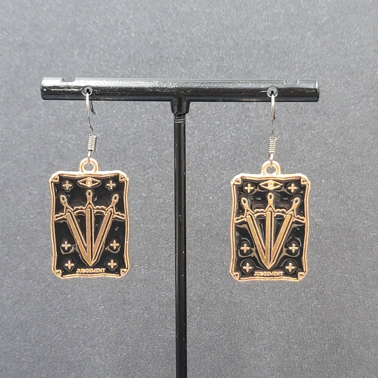 Tarot Card Pierced Earrings JUDGEMENT 3 Swords Gold tone Black 1"