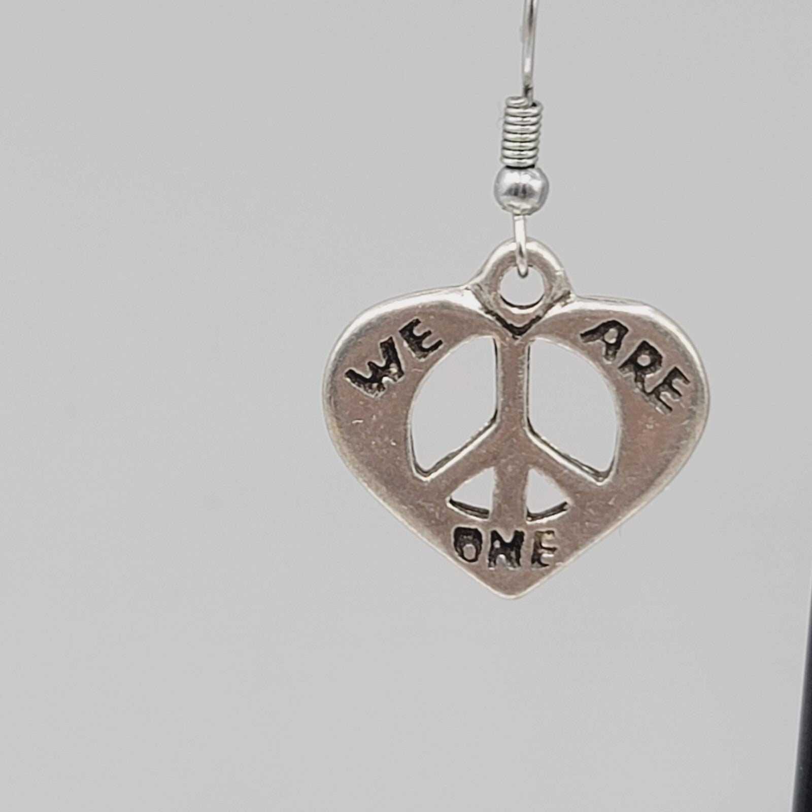 We Are One Peace Heart Pierced Earrings Silver tone Dangle 7/8"