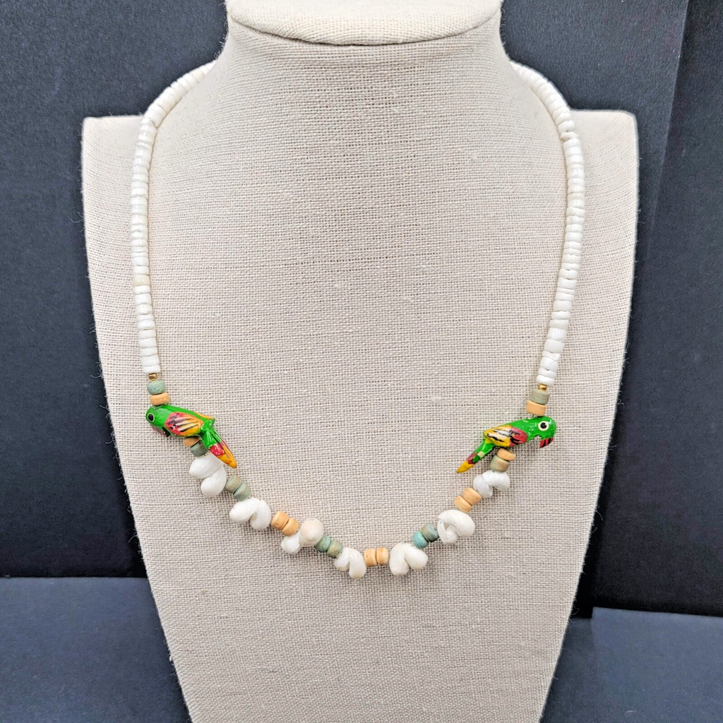 Vintage Shell Necklace Wood Hand Painted Parrot Beads 18"