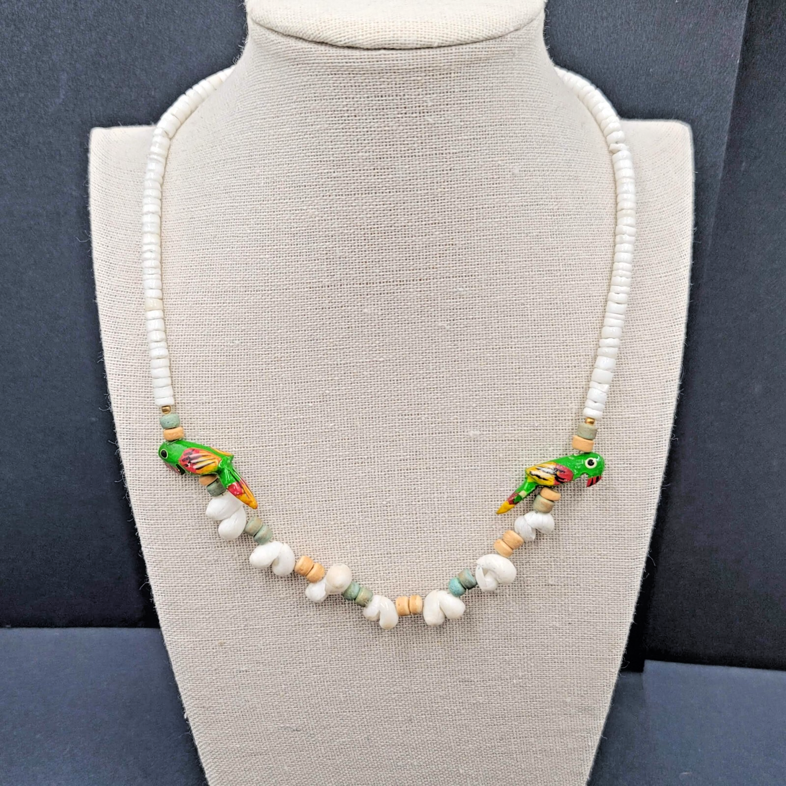 Vintage Shell Necklace Wood Hand Painted Parrot Beads 18"