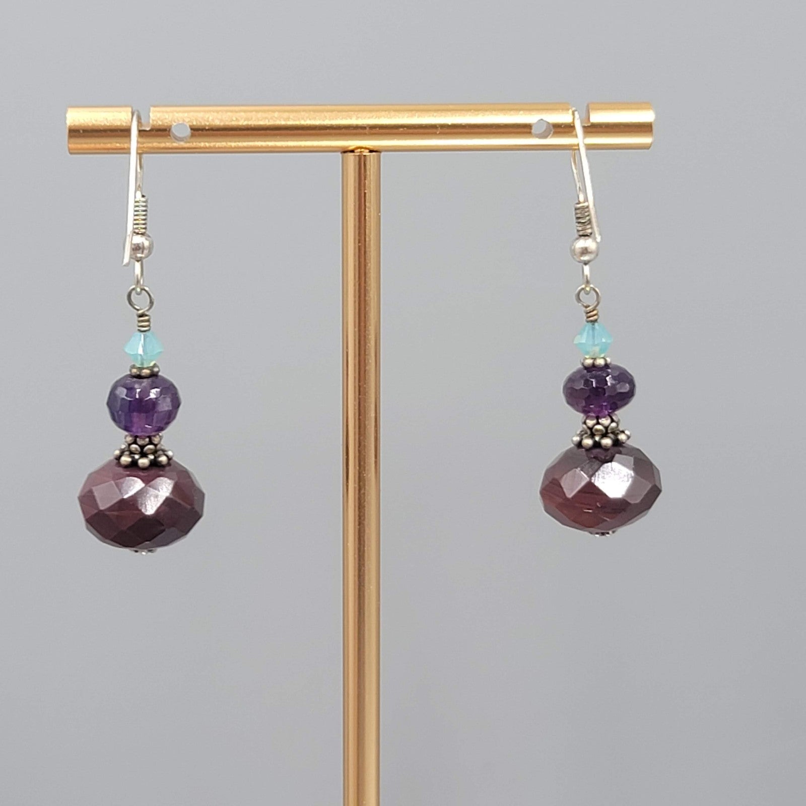 Crystal Amethyst Agate Bead Pierced Earrings Silver tone Dangle 1 in