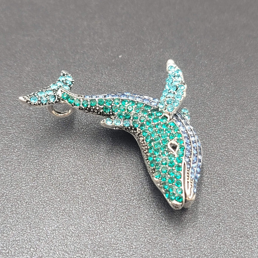 Crystal Rhinestone Brooch Blue Whale Sea life Silver tone 2"