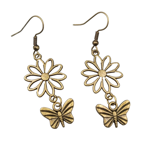 Butterly Flower Pierced Earrings Bronze tone Dangle NEW 1.5"