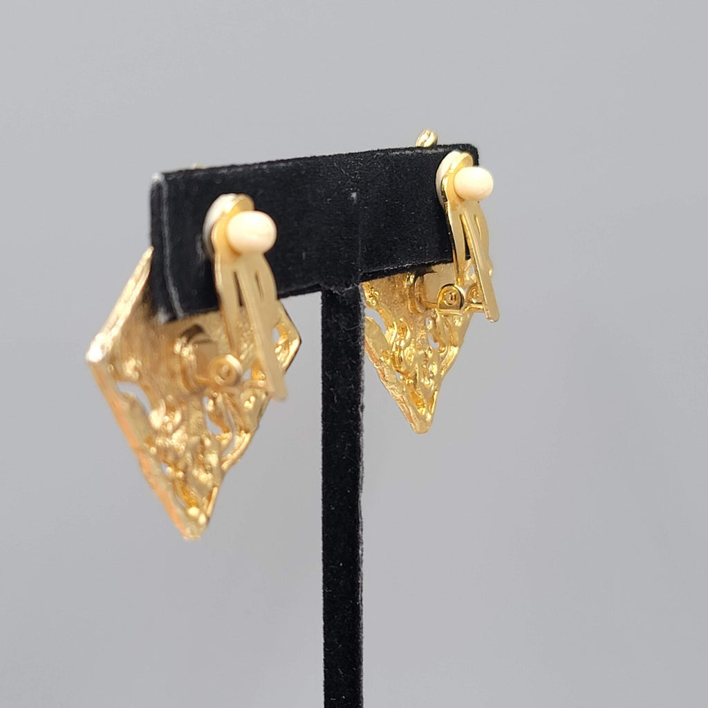 Vintage Swirl Cream Enamel Clip on Earrings Square Drop 1 3/8"