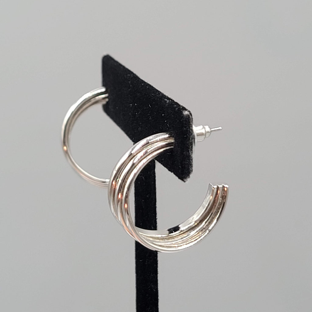 Silver tone Triple Wire Twist Hoop Pierced Earrings Hoops Drop 1"