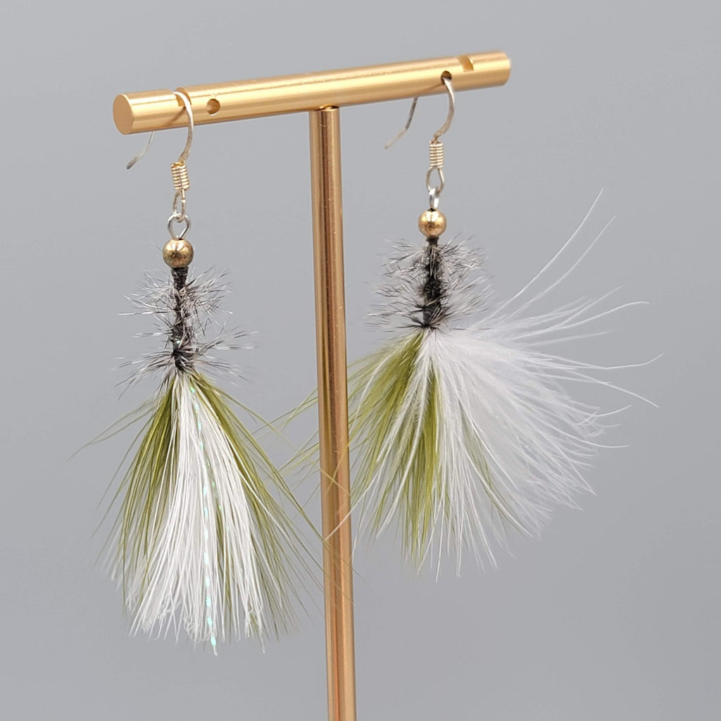 Artisan Pierced Earrings Feather Fly Tie Fishing Dangle Green White 2"
