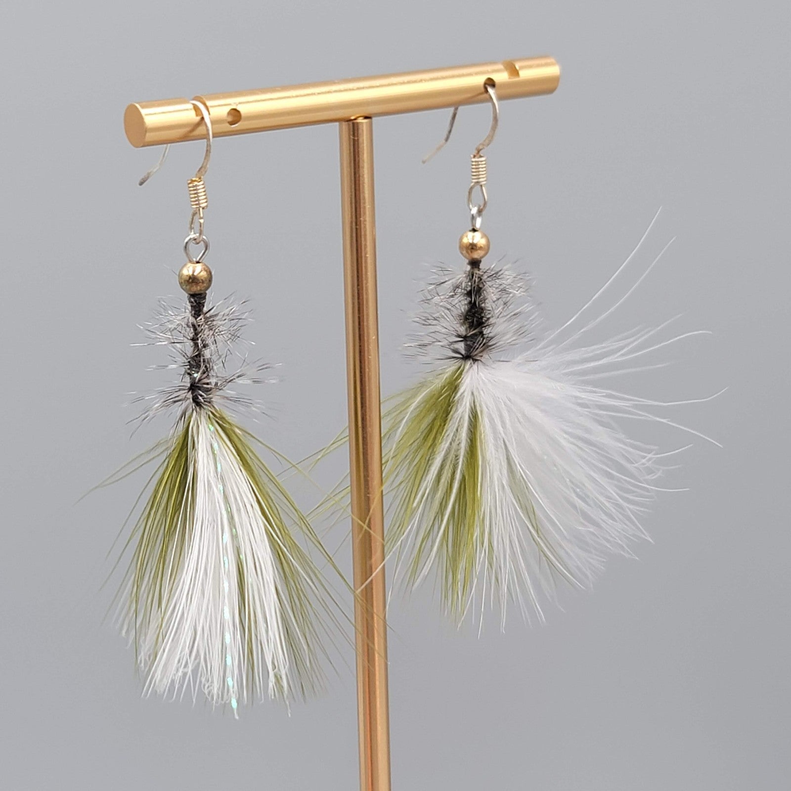 Artisan Pierced Earrings Feather Fly Tie Fishing Dangle Green White 2"