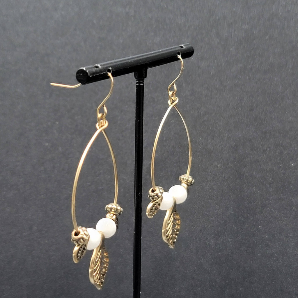 Pierced Earrings Gold tone White Bead Dangle Leaf Hoops 2.25"
