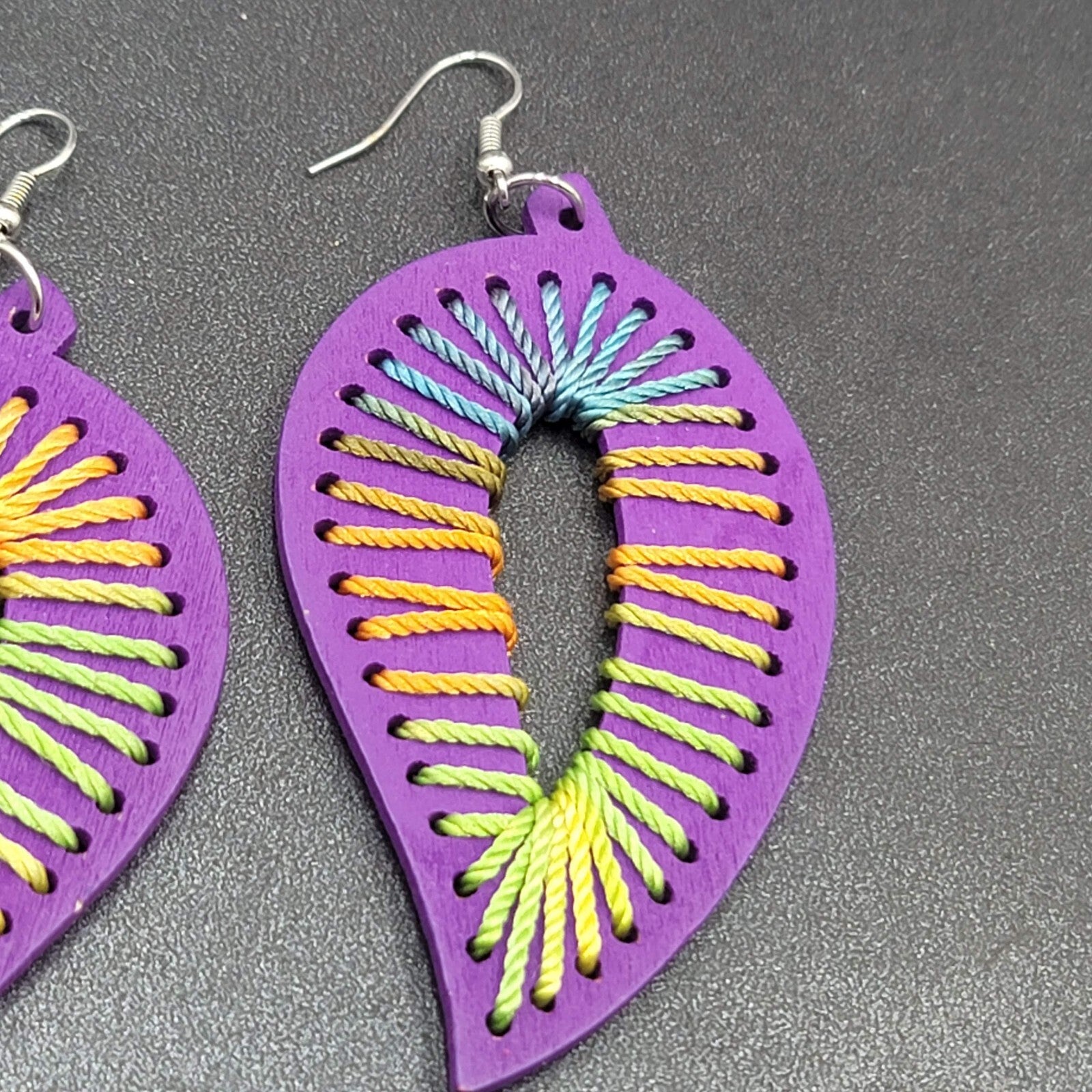 Pierced Earrings Large Purple Wood Leaf Multicolor String Art 3.25" Long