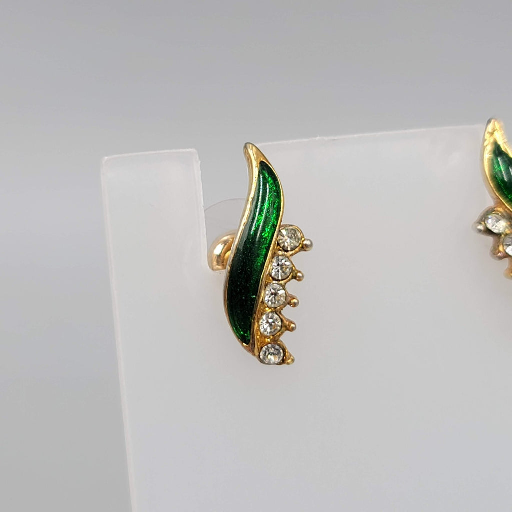 Vintage Green Enamel Pierced Earrings Cubic Zirconia Drop Minimalist 5/8 in