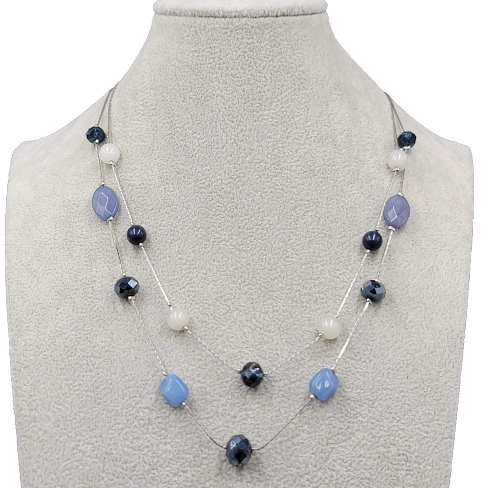 LOFT Blues White Glass Station Necklace Double Chain Silver tone 18"