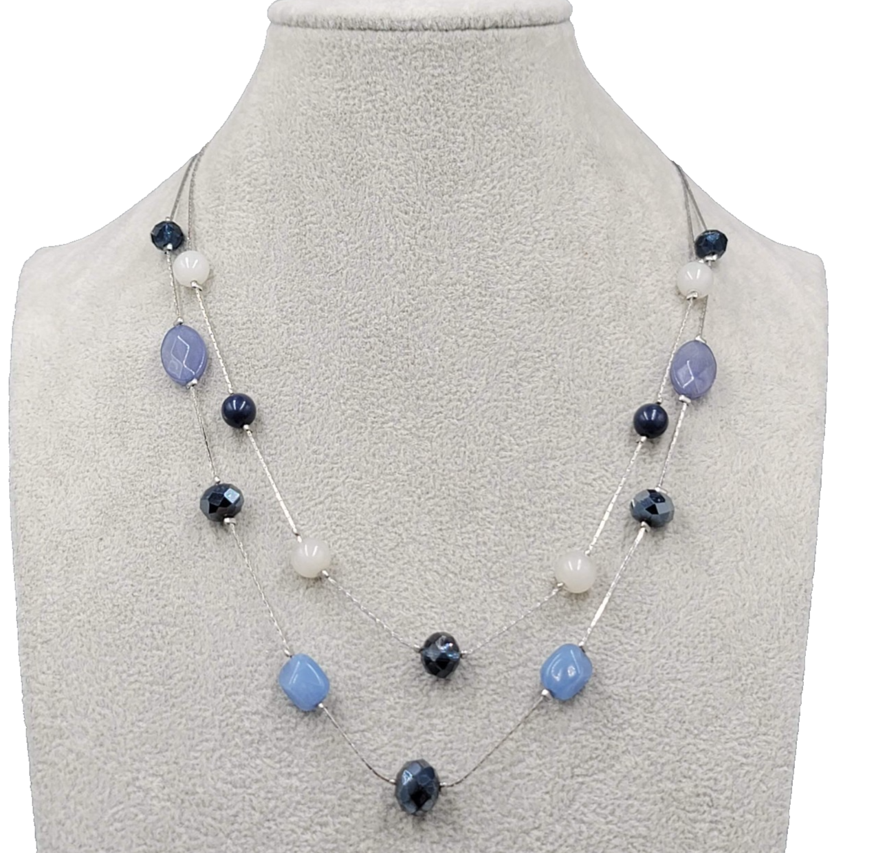 LOFT Blues White Glass Station Necklace Double Chain Silver tone 18"