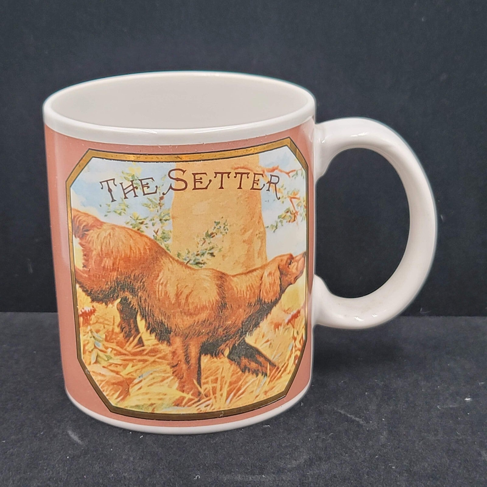 Vintage Enesco Coffee Mug Irish Setter Dog Hunting John Grossman Cigar Label Art
