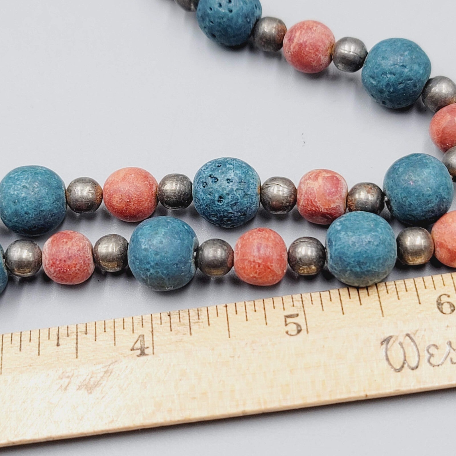 Vintage Beaded Necklace Red Blue Brass Handmade 22" Estate Costume Jewelry 