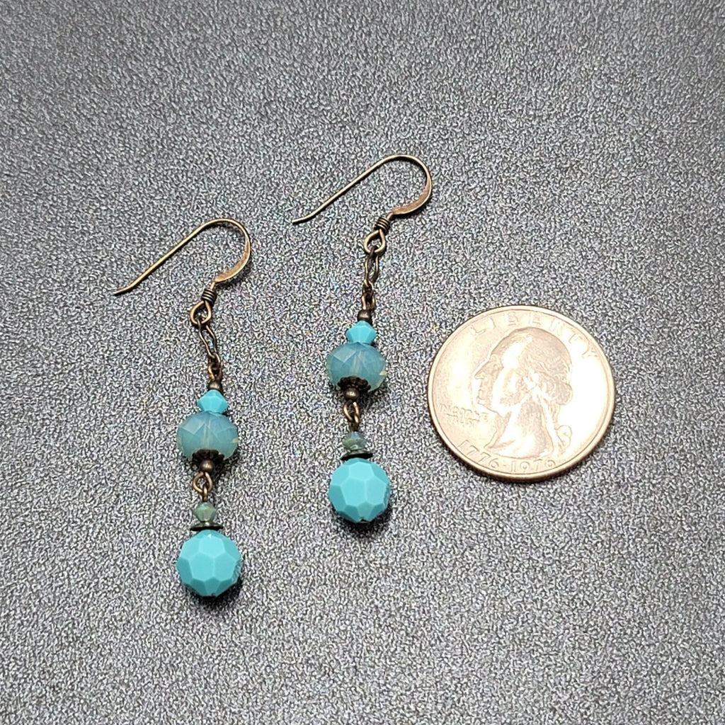 Pierced Earrings Silver tone Blue Faceted Acrylic Beads Dangle 1 5/8"