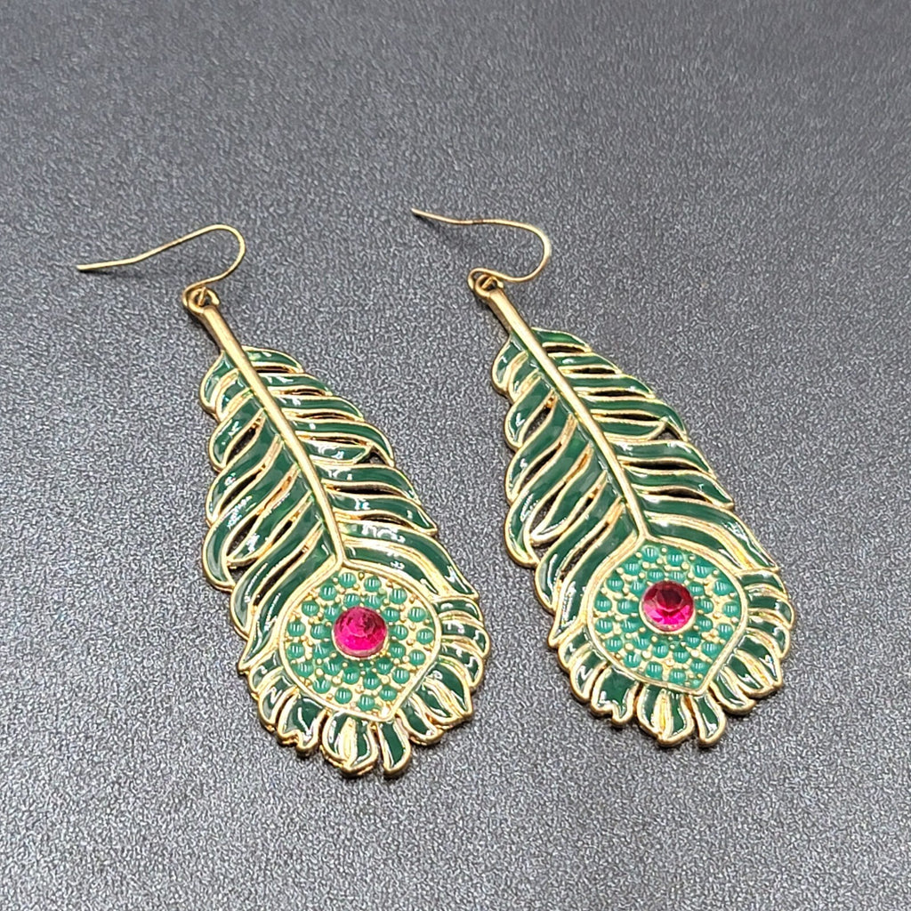 Metal Feather Pierced Earrings Green Enamel Pink Rhinestone Large Dangle 2 5/8"