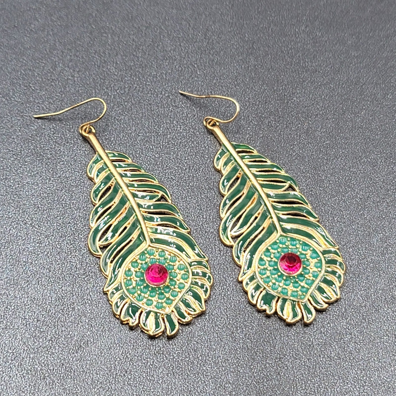 Metal Feather Pierced Earrings Green Enamel Pink Rhinestone Large Dangle 2 5/8"