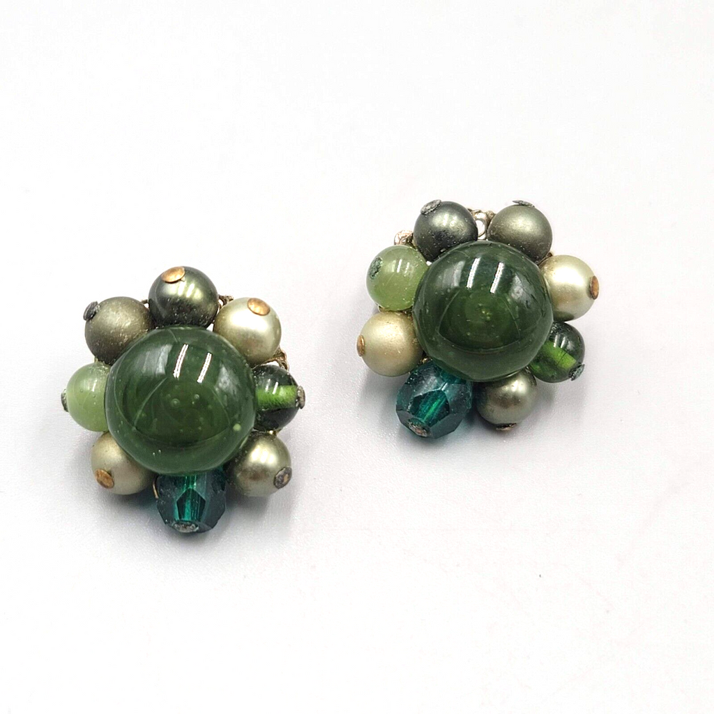 Vintage Green Glass Cluster Bead Clip on Earrings Japan 3/4"