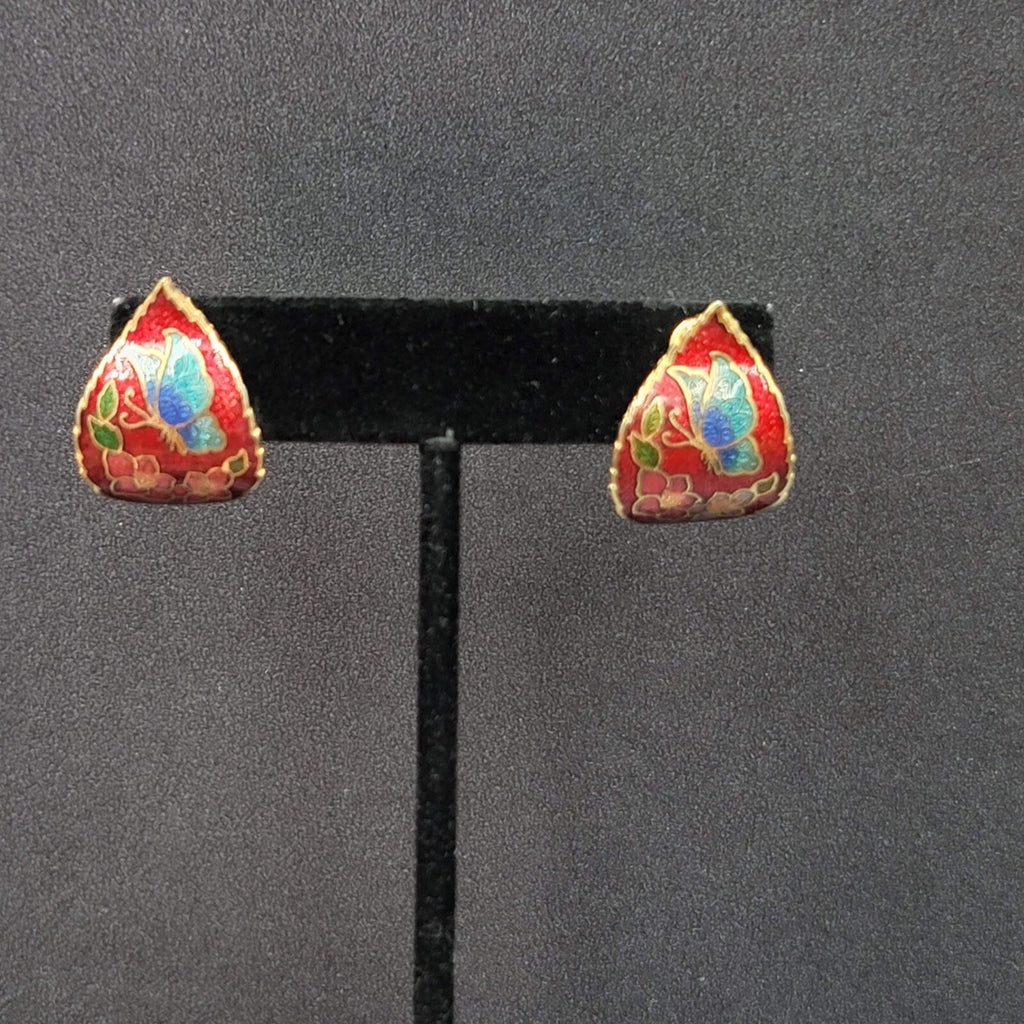 Vintage Clip on Earrings Cloisonne Enamel Flower Butterfly Red Drop 1"