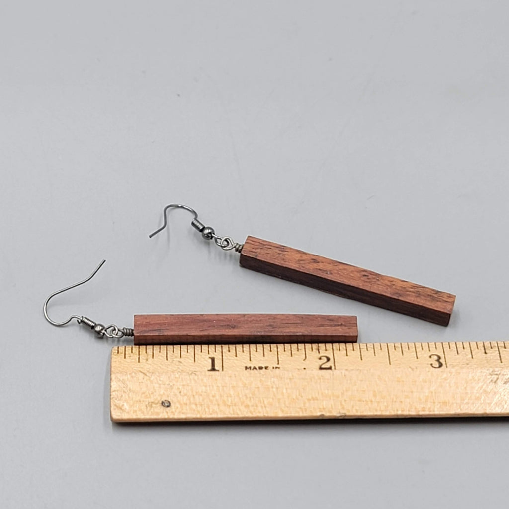 Long Wood Pierced Earrings Silver tone Dangle  2.25"