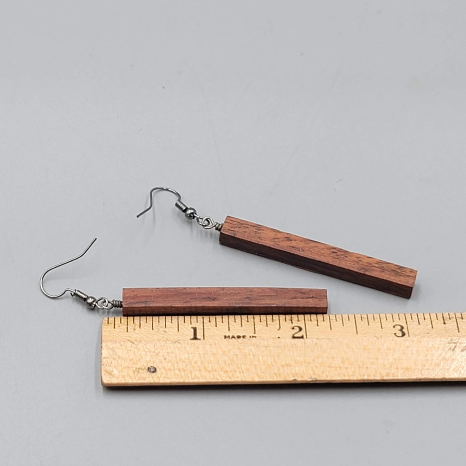 Long Wood Pierced Earrings Silver tone Dangle  2.25"