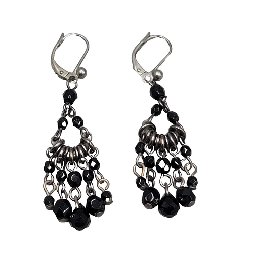 Chandelier Black Bead Pierced Earrings Silver tone Dangle 1.5"