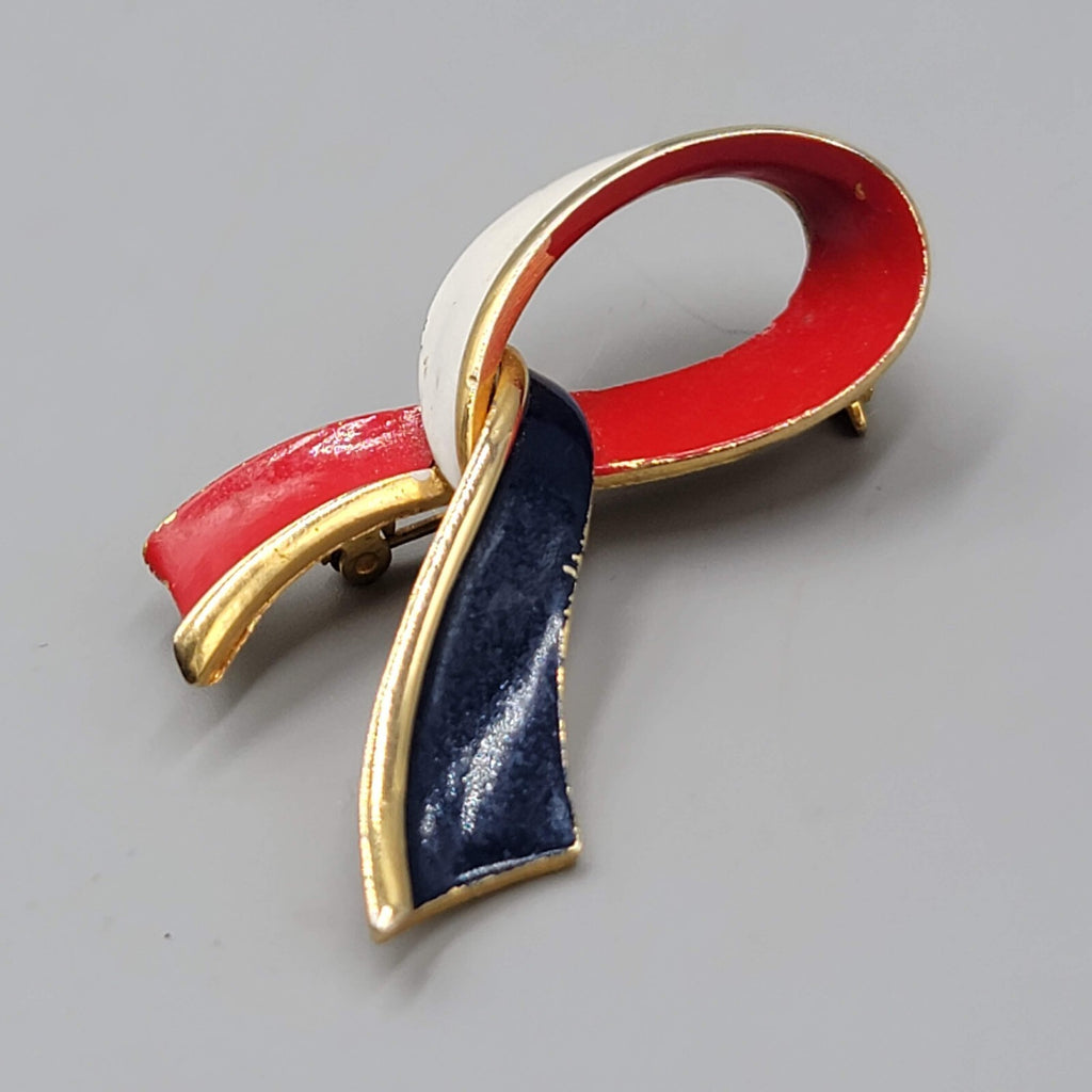Vintage Ribbon Brooch Red White Blue Enamel Gold tone Patriotic 2.25"