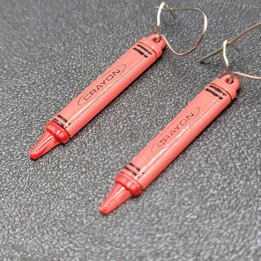 Vintage Pierced Earrings Red Crayon Dangle Silver tone Hooks Dangle 1 1/8"