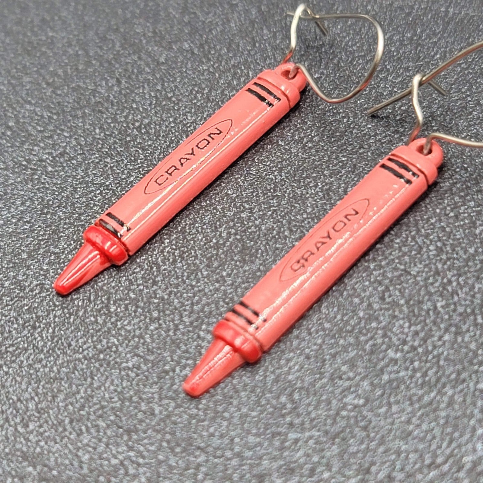 Vintage Pierced Earrings Red Crayon Dangle Silver tone Hooks Dangle 1 1/8"