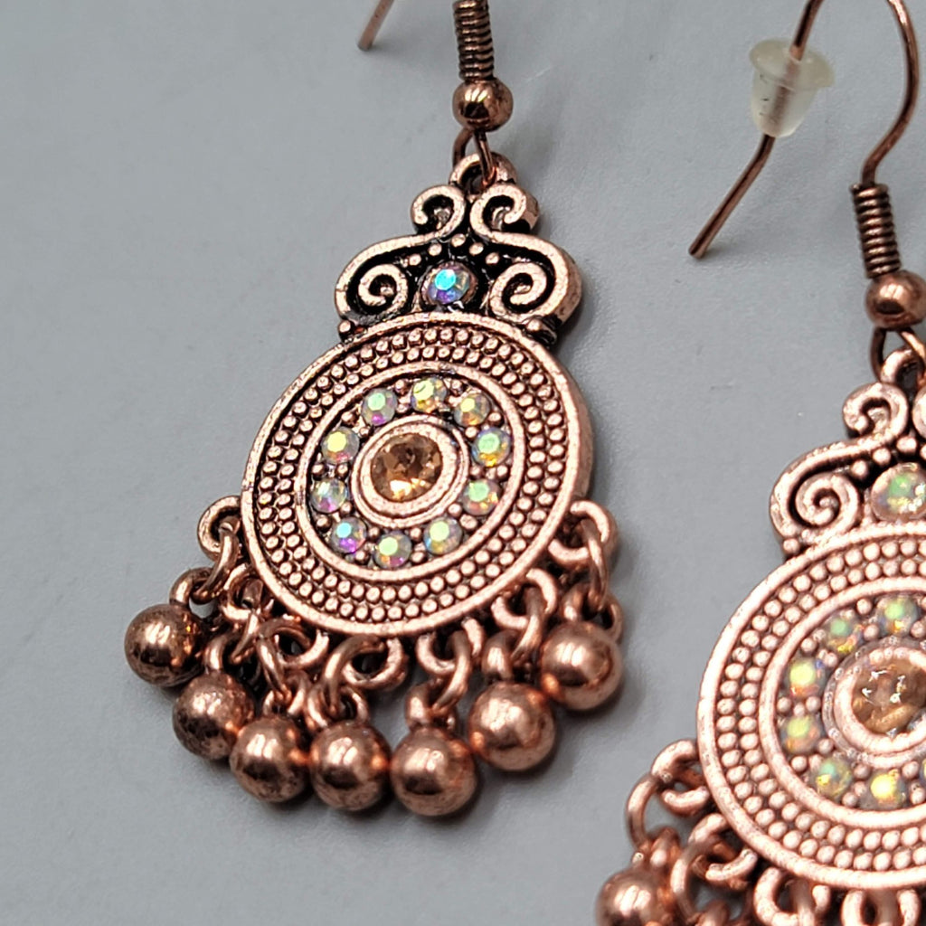Copper tone Chandelier Pierced Earrings AB Rhinestone Dangle 1.25"