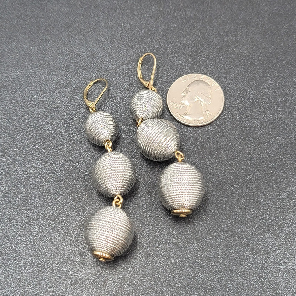 Pierced Earrings Silver tone Cord Covered Spheres Gold tone Leverback 2.5"
