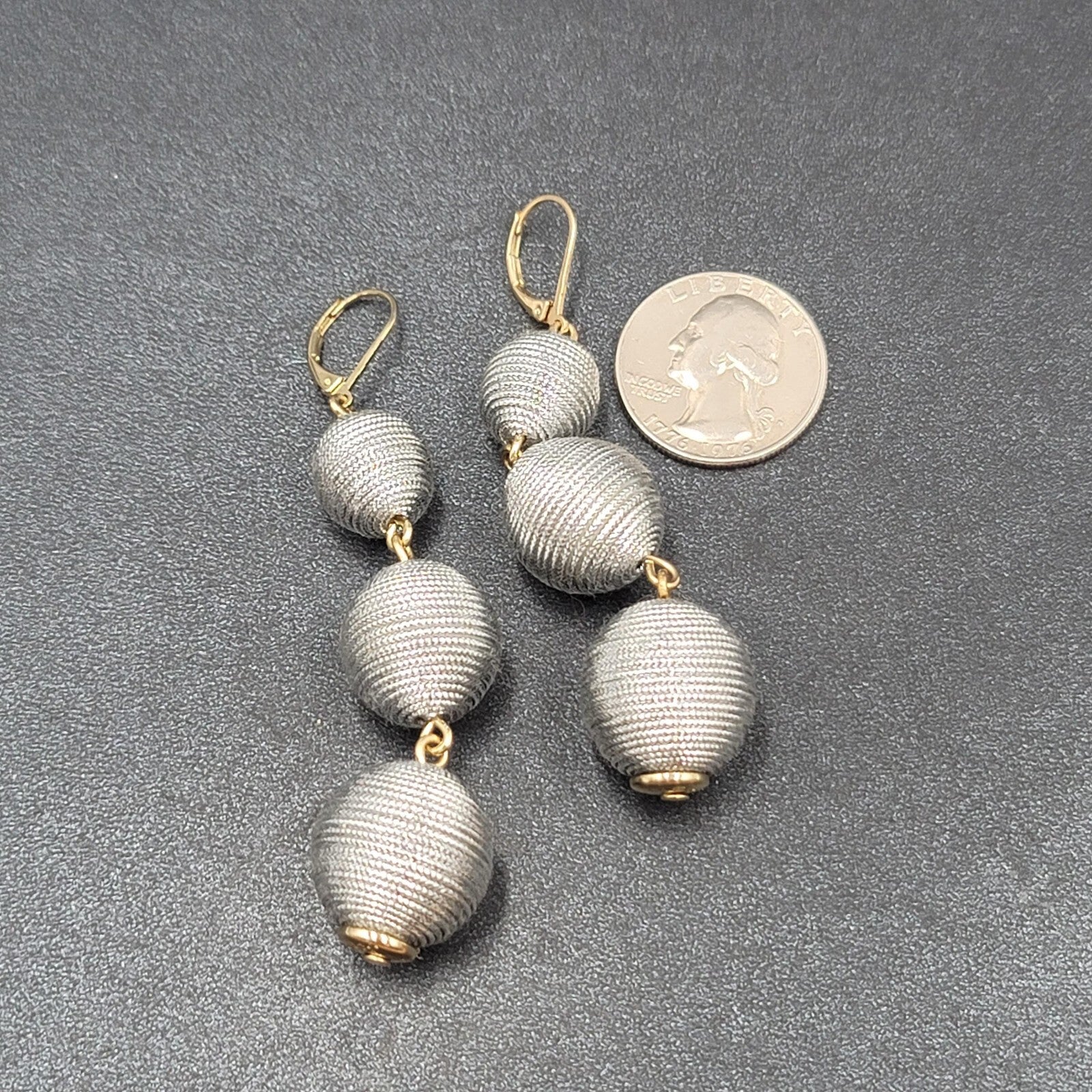 Pierced Earrings Silver tone Cord Covered Spheres Gold tone Leverback 2.5"