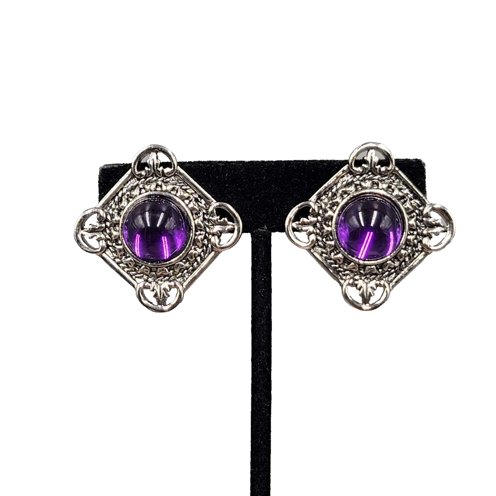 Vintage Translucent Purple Cabochon Clip on Earrings Silver tone 1.25"
